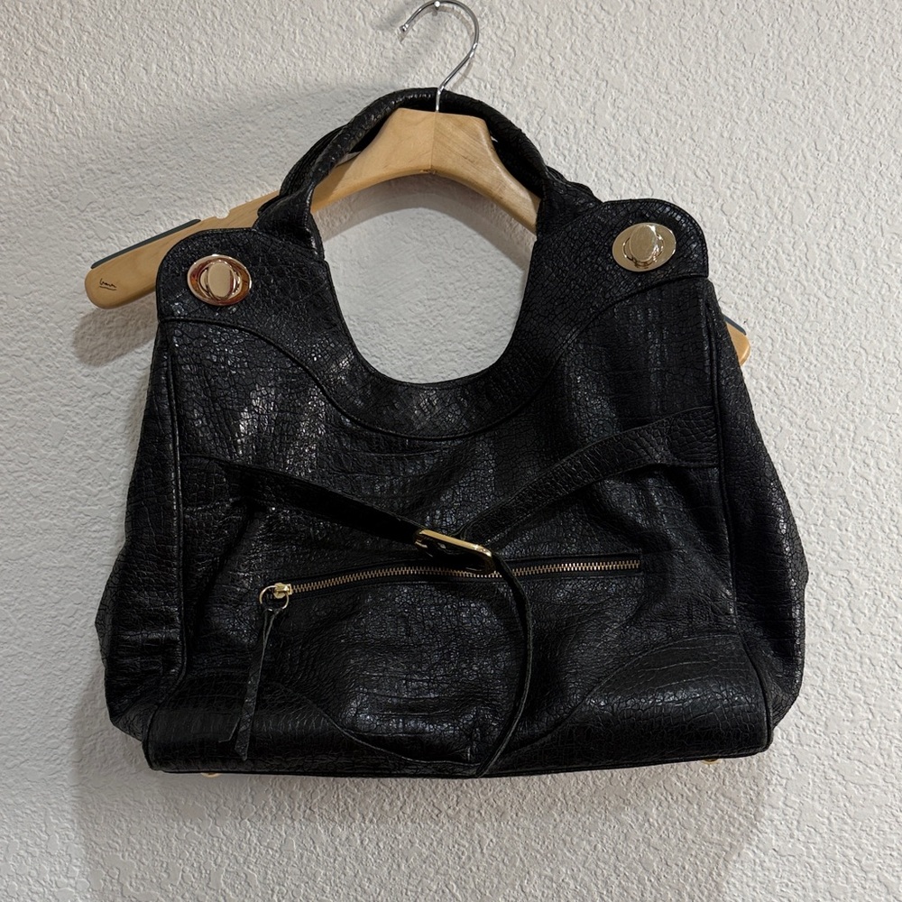 Foley + Corinna Women's Black Gold Shoulder Hobo Tote Bag Textured Boho Purse